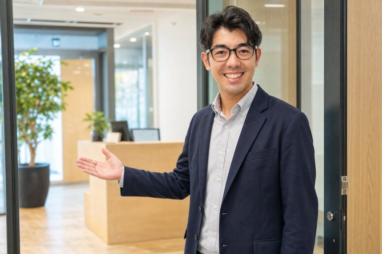 来客を笑顔で迎える男性
