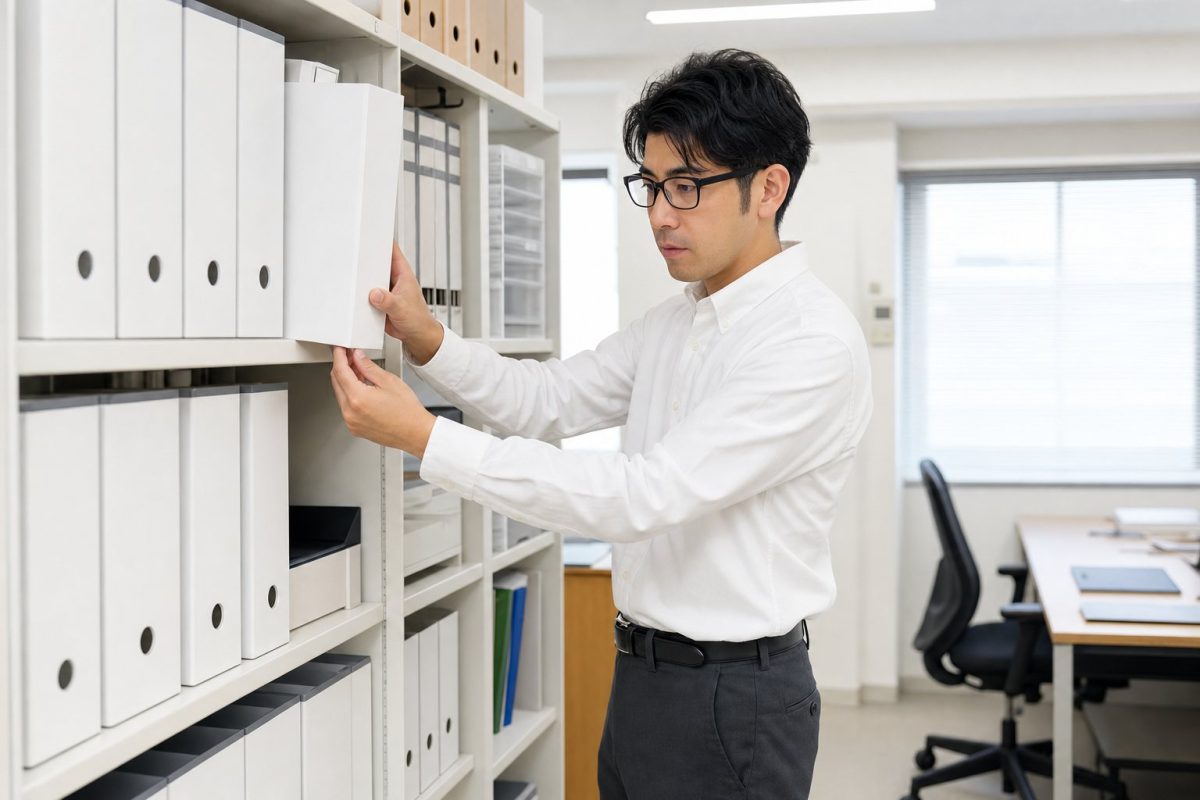 書棚のファイルを取り出す男性