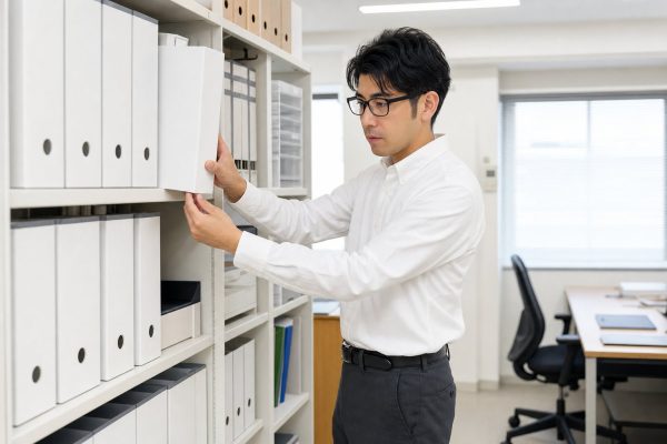 書棚のファイルを取り出す男性