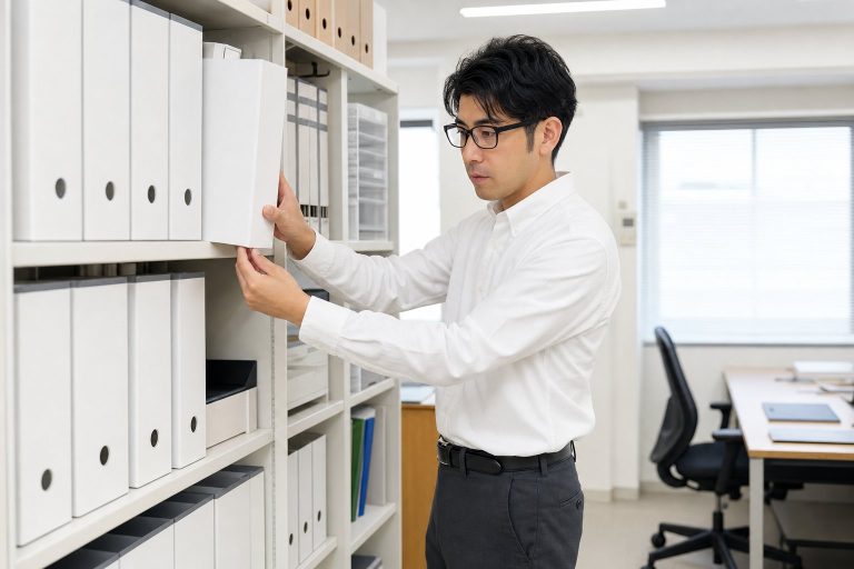 書棚のファイルを取り出す男性