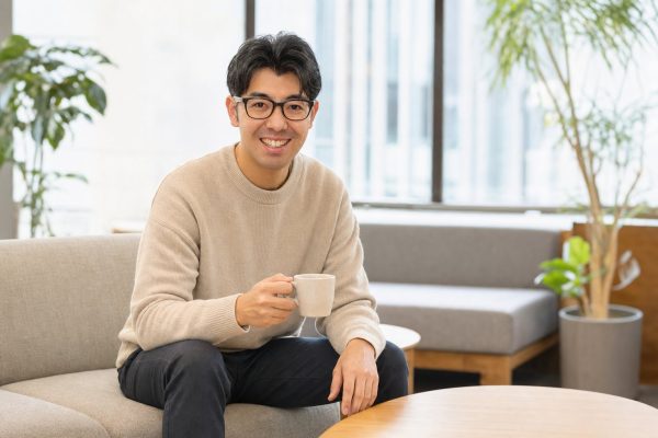 ラウンジで一息つく男性