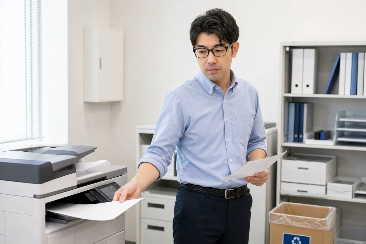 プリンターの書類を手に取る男性