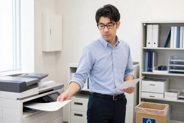 プリンターの書類を手に取る男性
