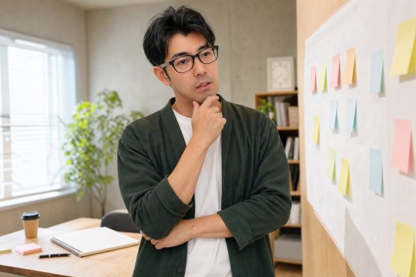 付箋でプロジェクトを整理する男性
