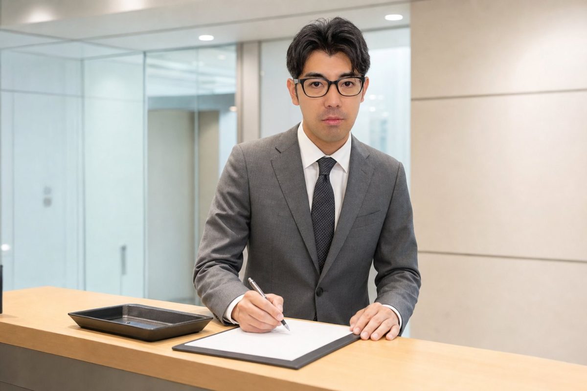 受付で記帳する男性