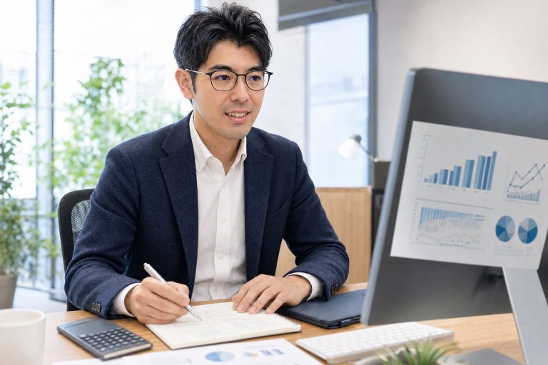 面談資料を確認するメガネの男性