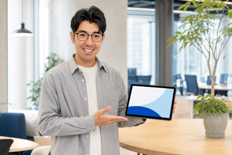 タブレットで提案するメガネの男性