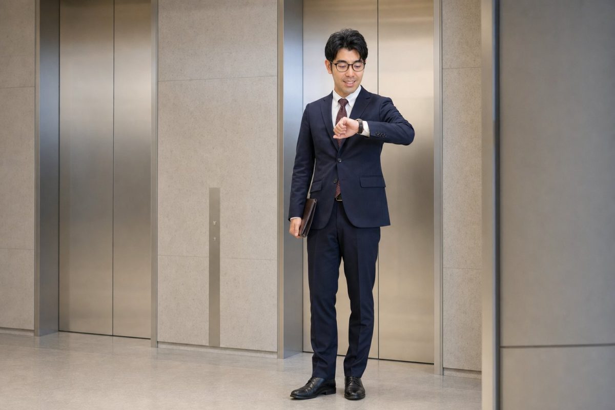 エレベーター前で時計を気にするメガネの男性