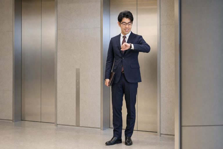 エレベーター前で時計を気にするメガネの男性