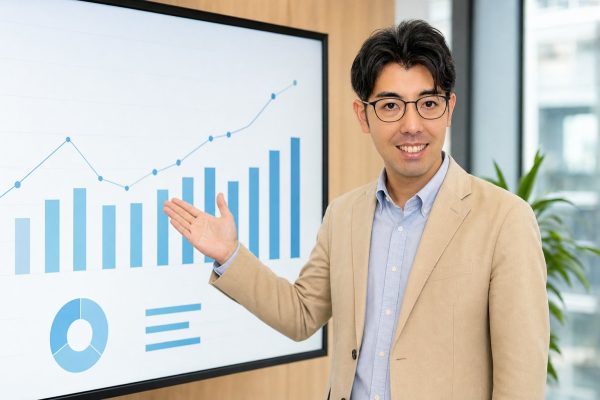 営業プレゼンをするメガネの男性