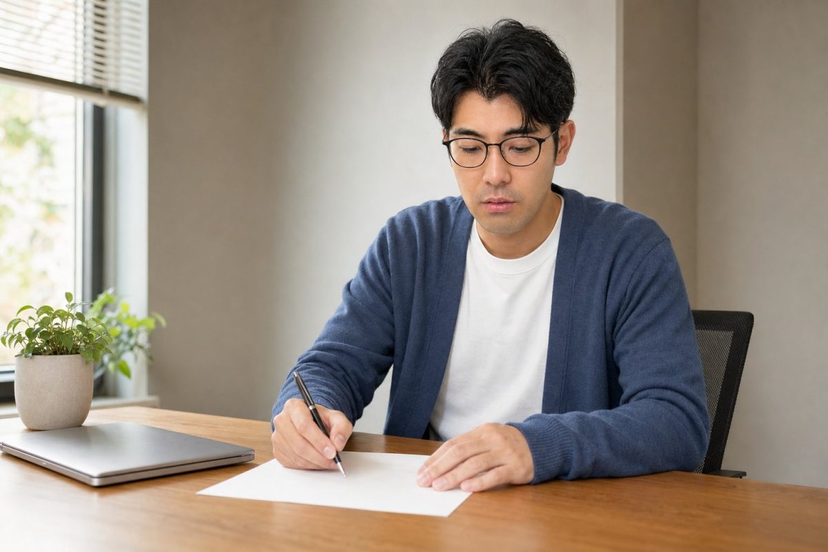 企画書を書くメガネの男性