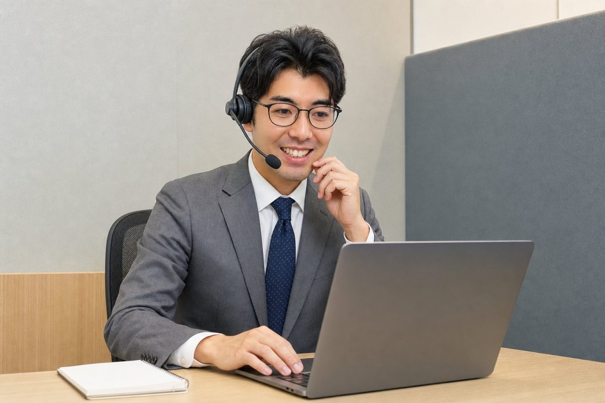 ヘッドセットで対応するメガネの男性