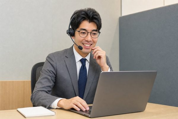 ヘッドセットで対応するメガネの男性