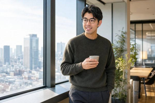 窓際で戦略を練るメガネの男性