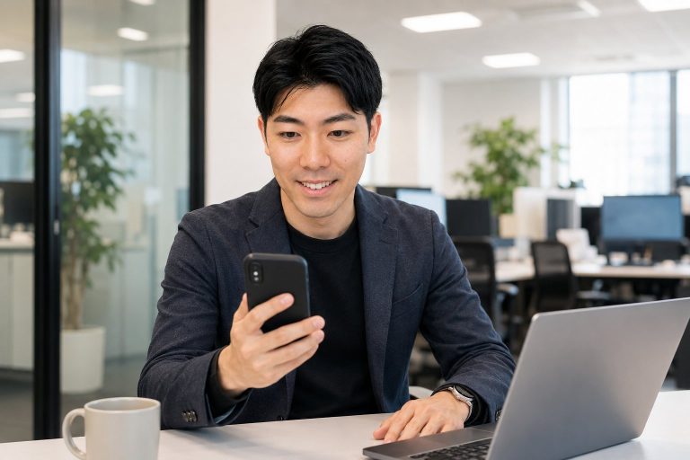 スマホを確認して微笑む男性
