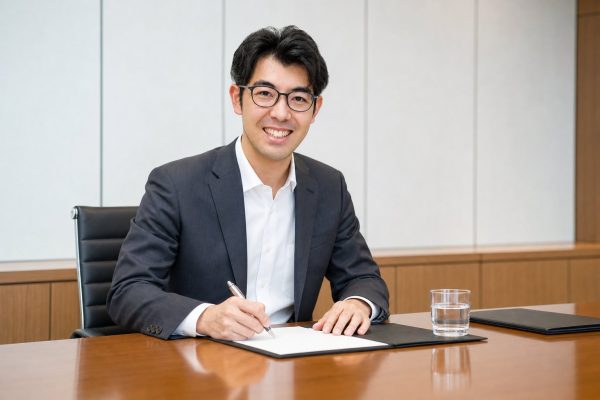契約書にサインするメガネの男性
