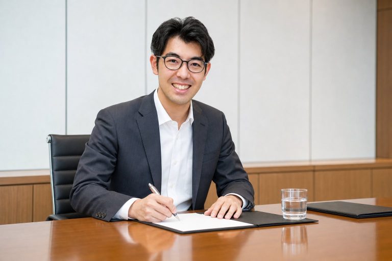 契約書にサインするメガネの男性