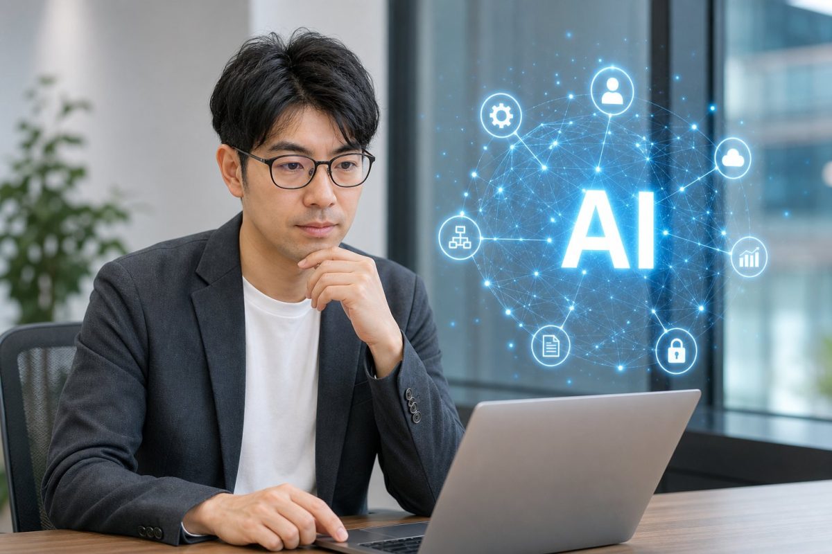 デスクのAIホログラムに触れる男性