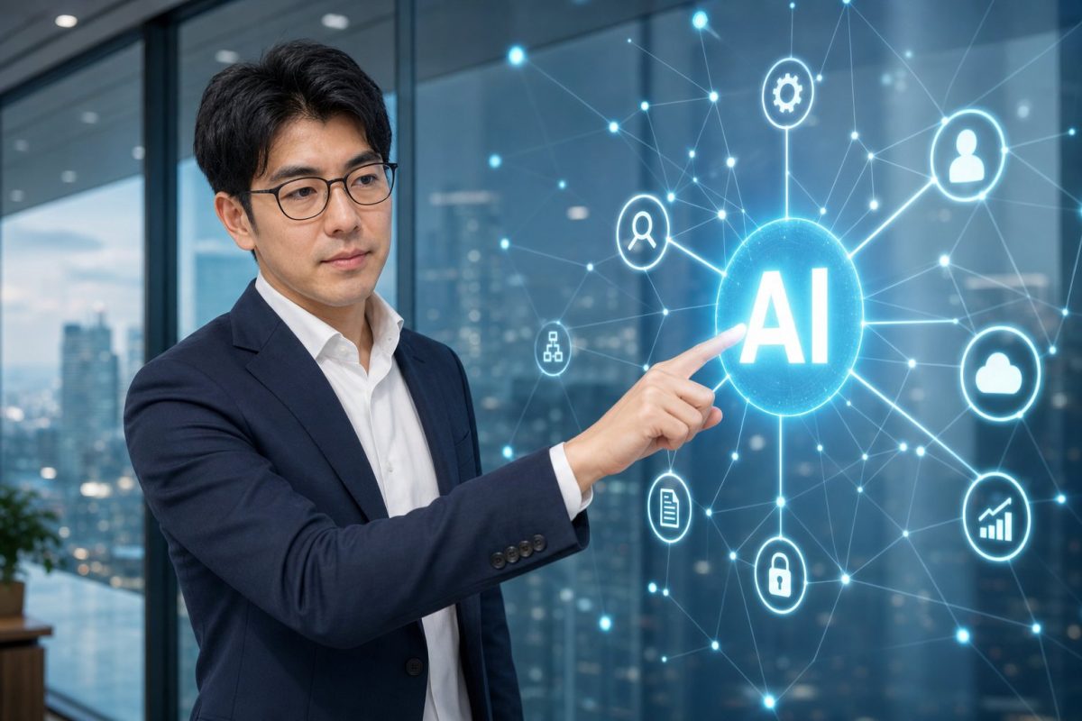 ガラス面のAI表示を操作する男性