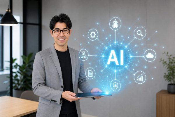 タブレットからAIを投影する男性