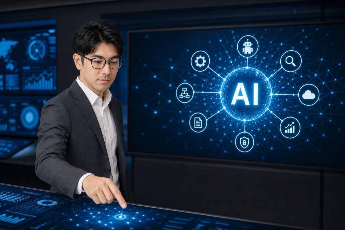 AIコマンドセンターに立つ男性