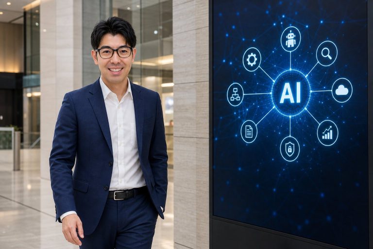 AIサイネージの前を歩く男性