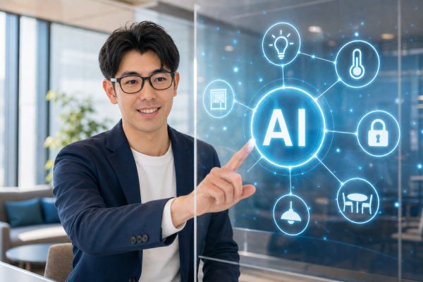 スマートオフィスでAIと働く男性
