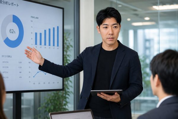 グラフを使ってプレゼンする男性
