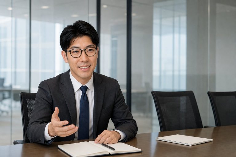 会議で微笑むメガネの男性