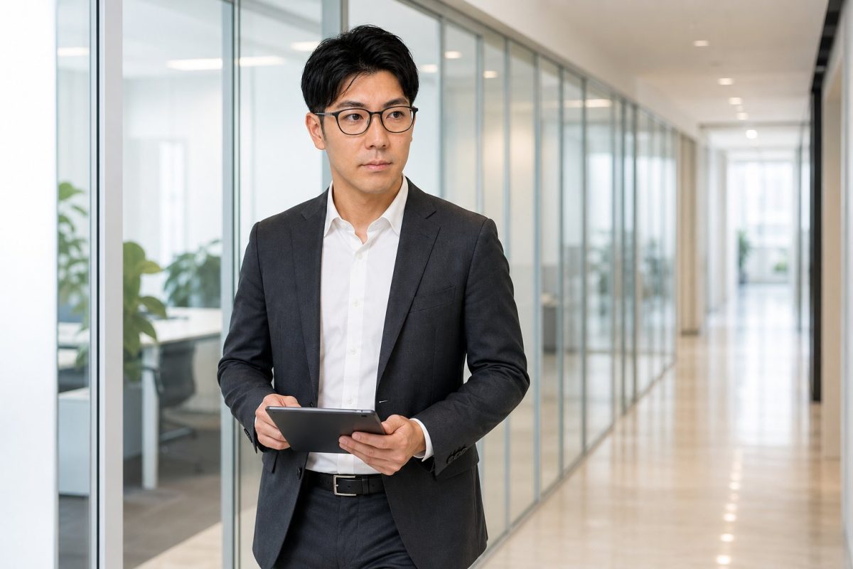 タブレットを持って歩くメガネの男性