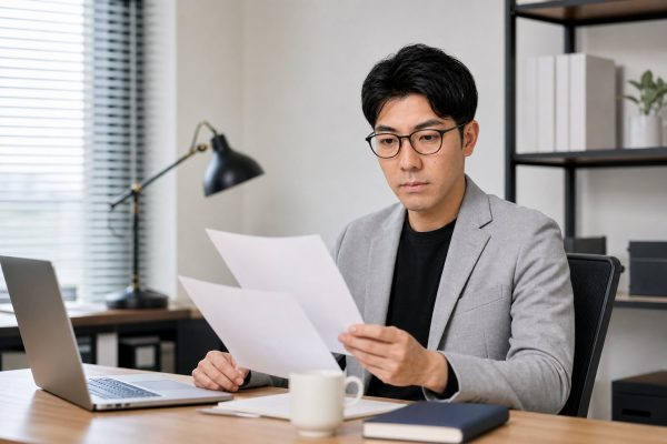 資料を精読するメガネの男性