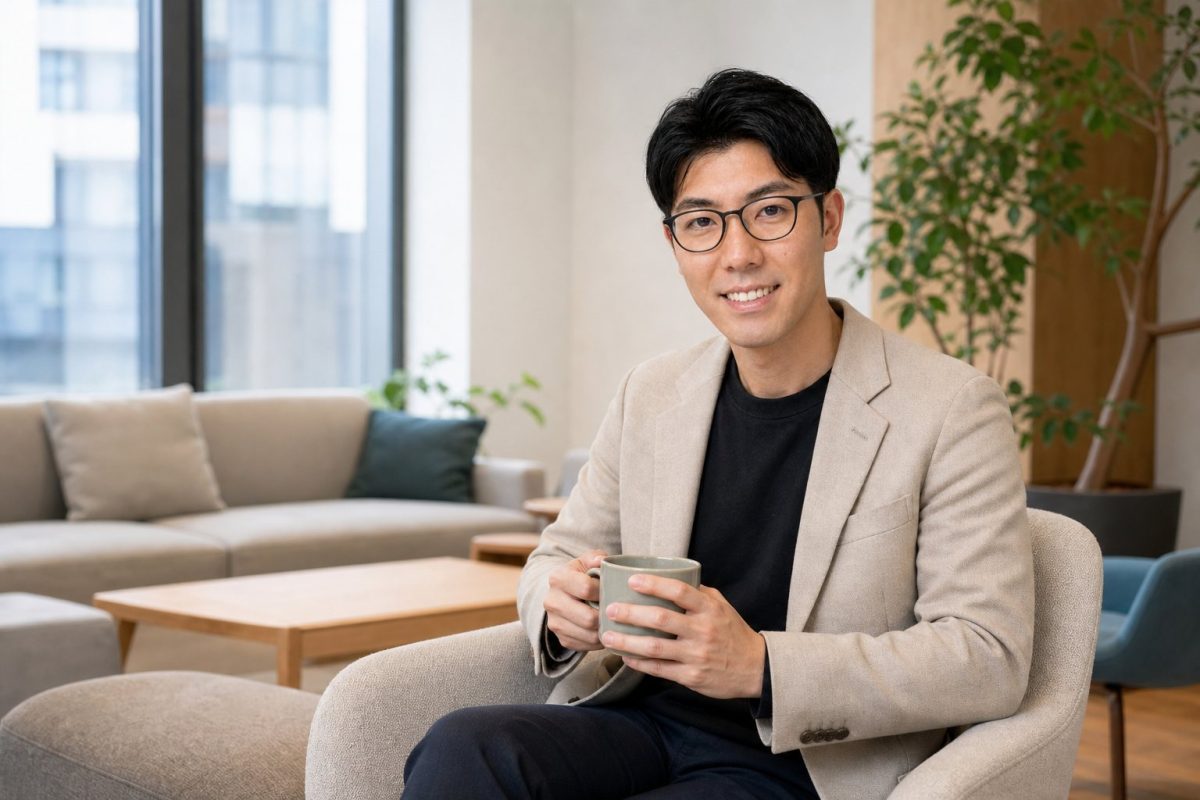コーヒーを手に休憩するメガネの男性