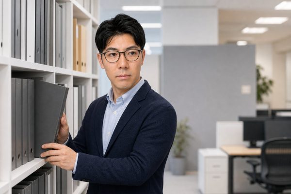書棚を整理するメガネの男性
