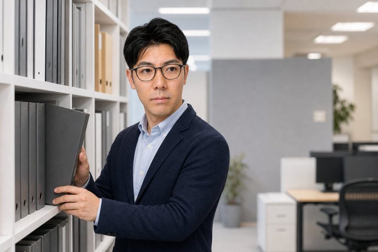 書棚を整理するメガネの男性