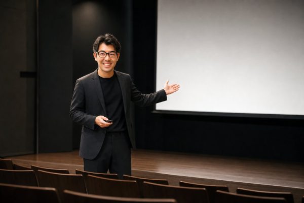 誰もいない講堂でリハーサルする男性