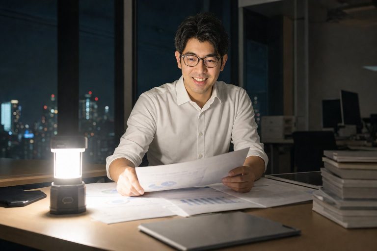 停電のオフィスで書類を探す男性