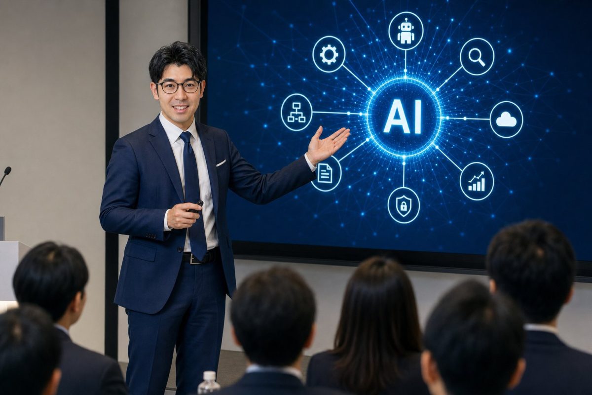ステージでAIネットワークを語る男性