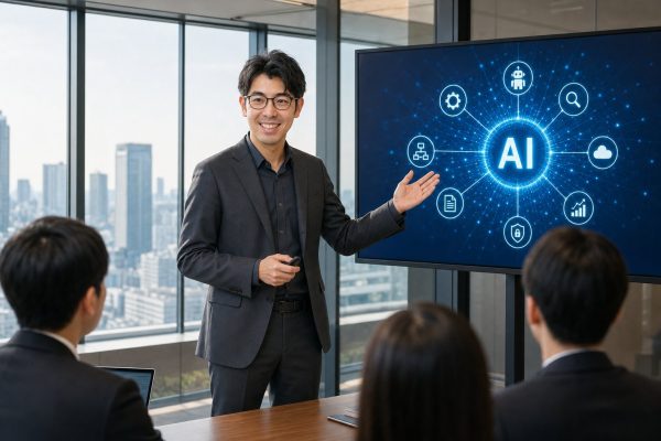 役員会議でAIを説明する男性