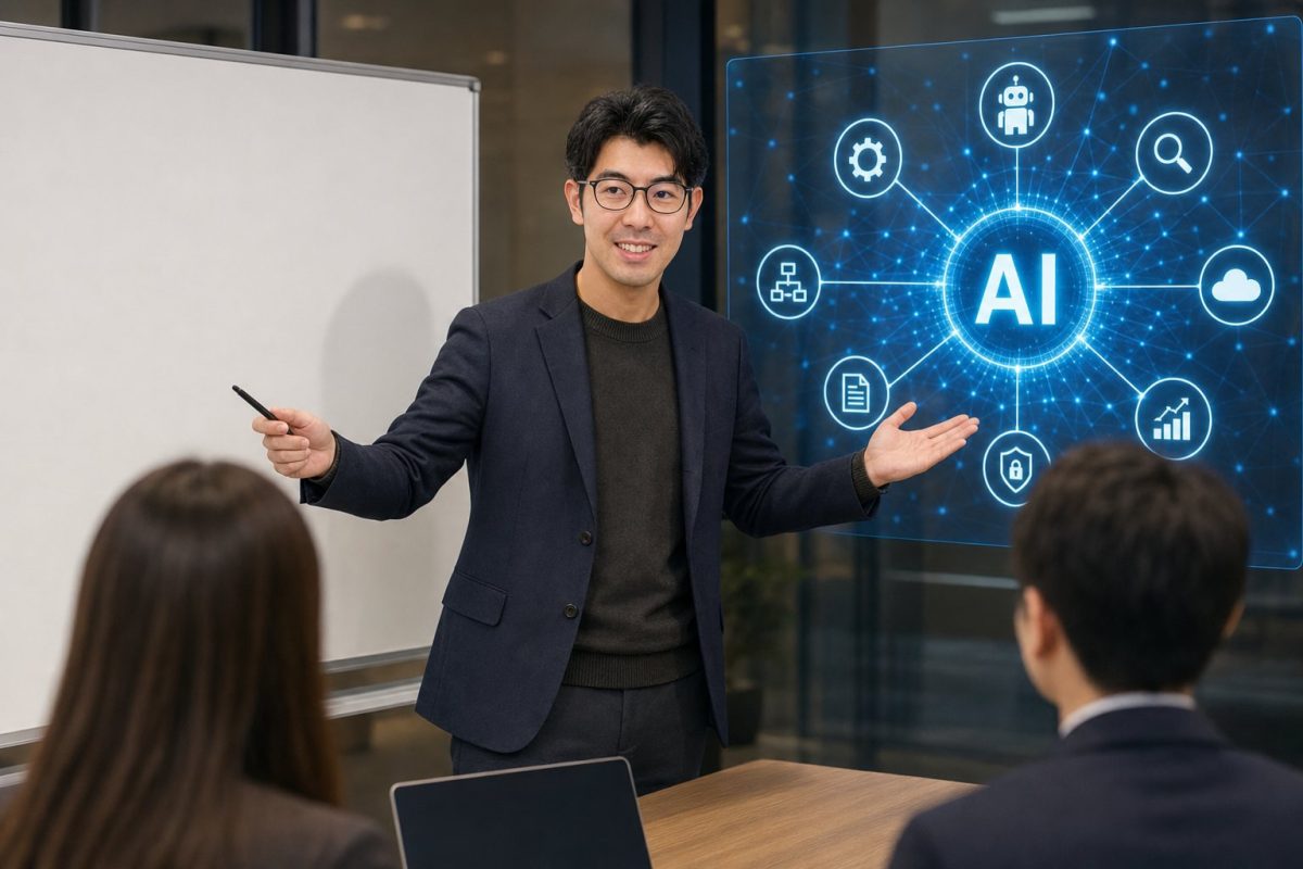 ホワイトボードとAI表示で議論する男性