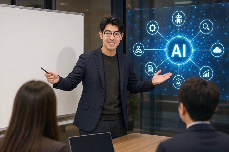 ホワイトボードとAI表示で議論する男性