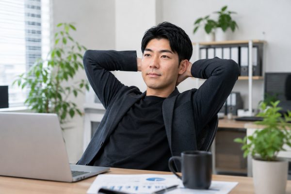 椅子でリラックスして伸びをする男性