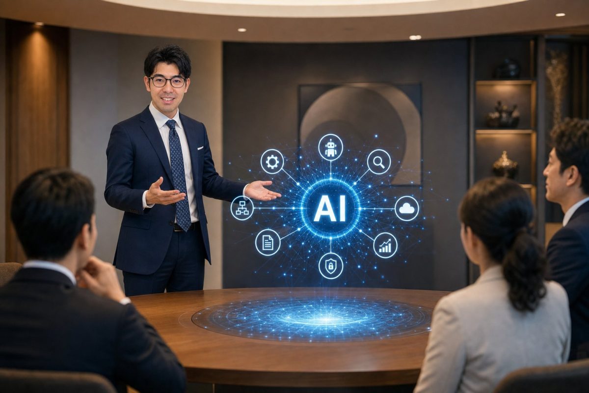 円卓でAIプレゼンする男性
