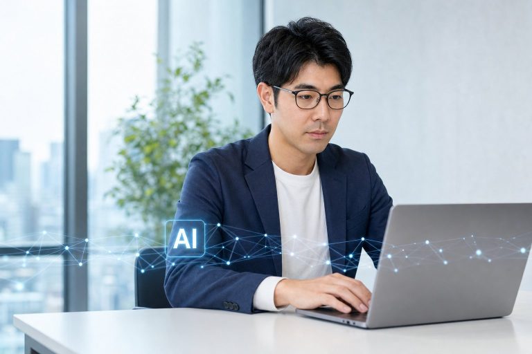 ノートPCでAIネットワークを分析する男性