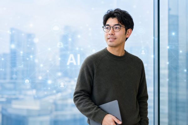タブレットでAIレポートを確認する男性