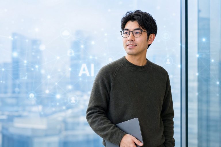 タブレットでAIレポートを確認する男性