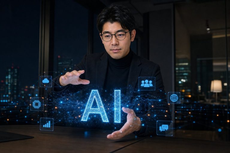 AIネットワークを前にチームを率いる男性