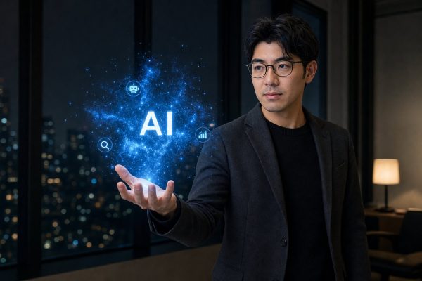 夜に星雲のようなAIを手のひらに載せる男性