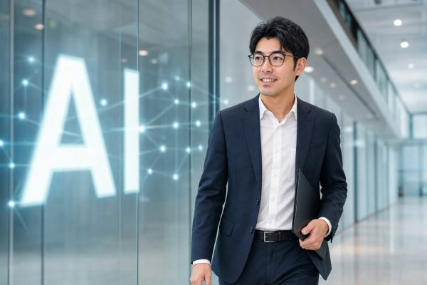 ガラスに映るAIの光と歩く男性