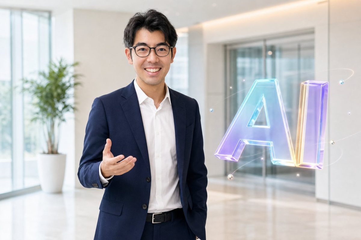 浮かぶAIの文字とロビーに立つ男性