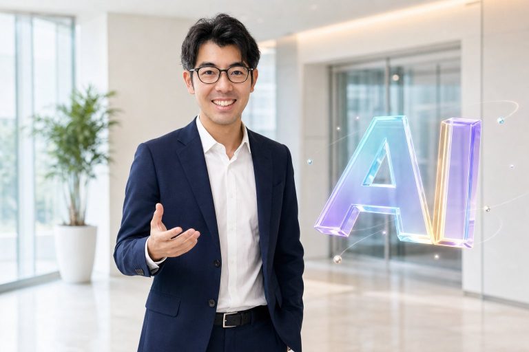 浮かぶAIの文字とロビーに立つ男性